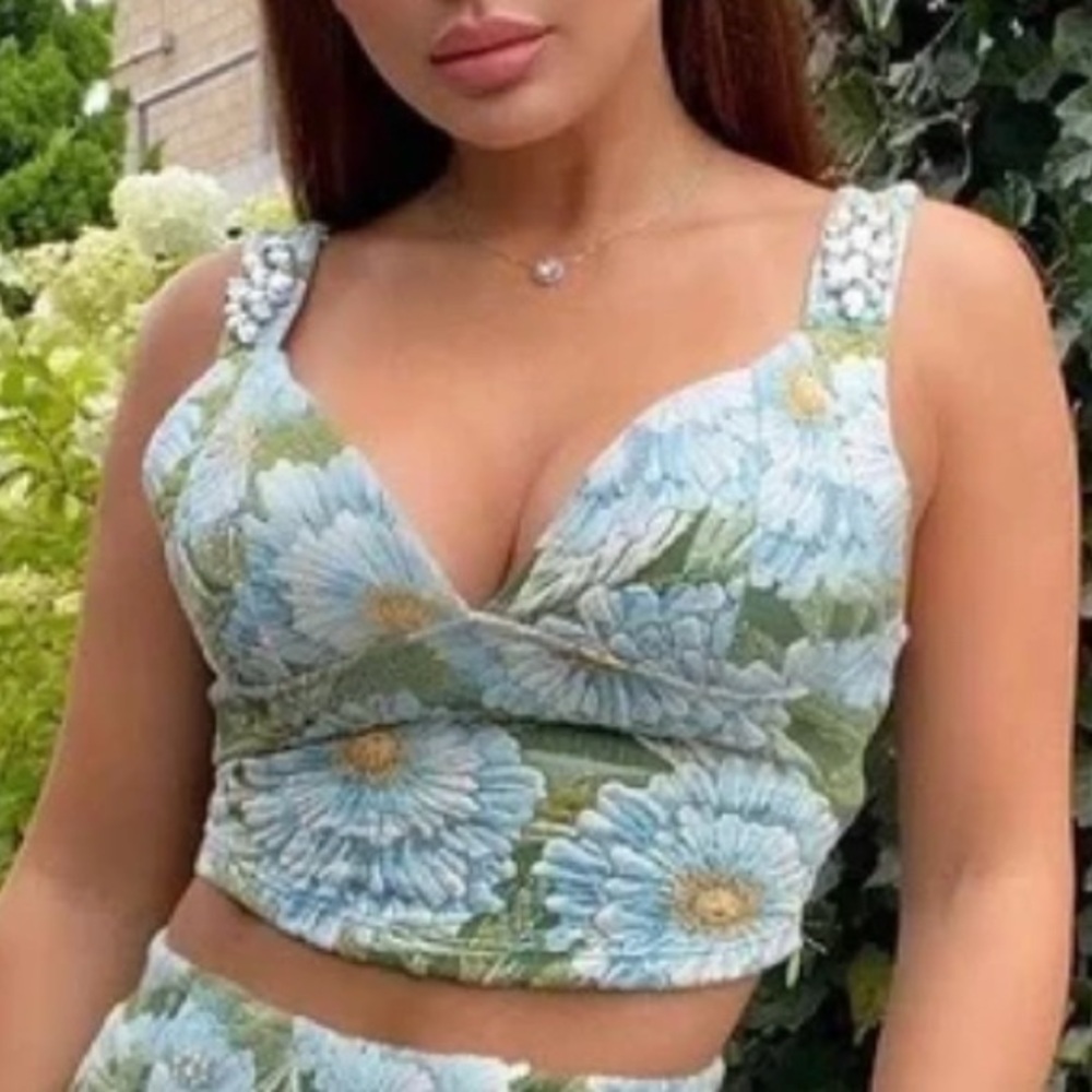 Zara jacquard Floral Blue and Green Crop Top